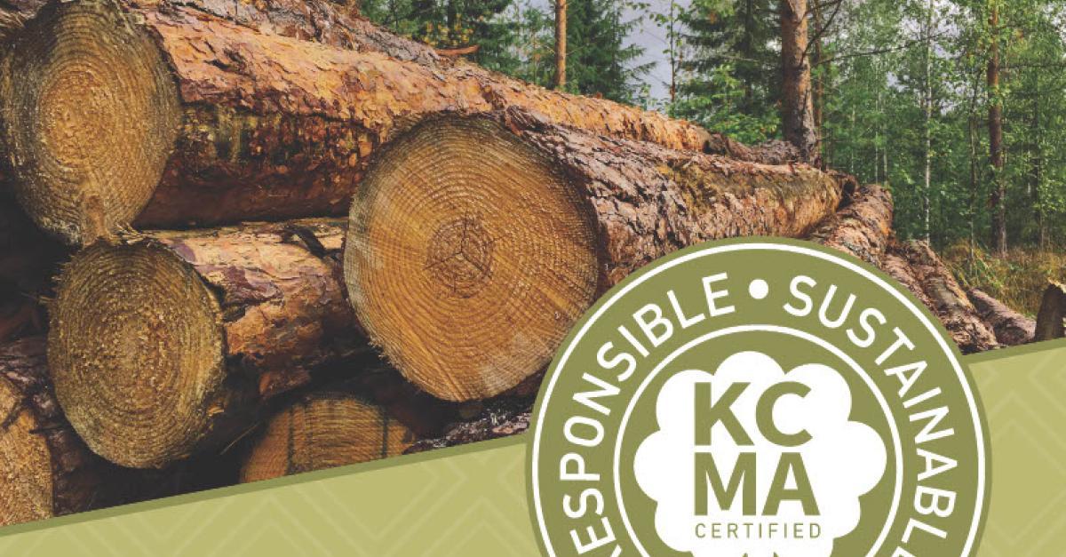 Closeup of a pile of timber with an accompanying graphic of the KCMA-certified seal.